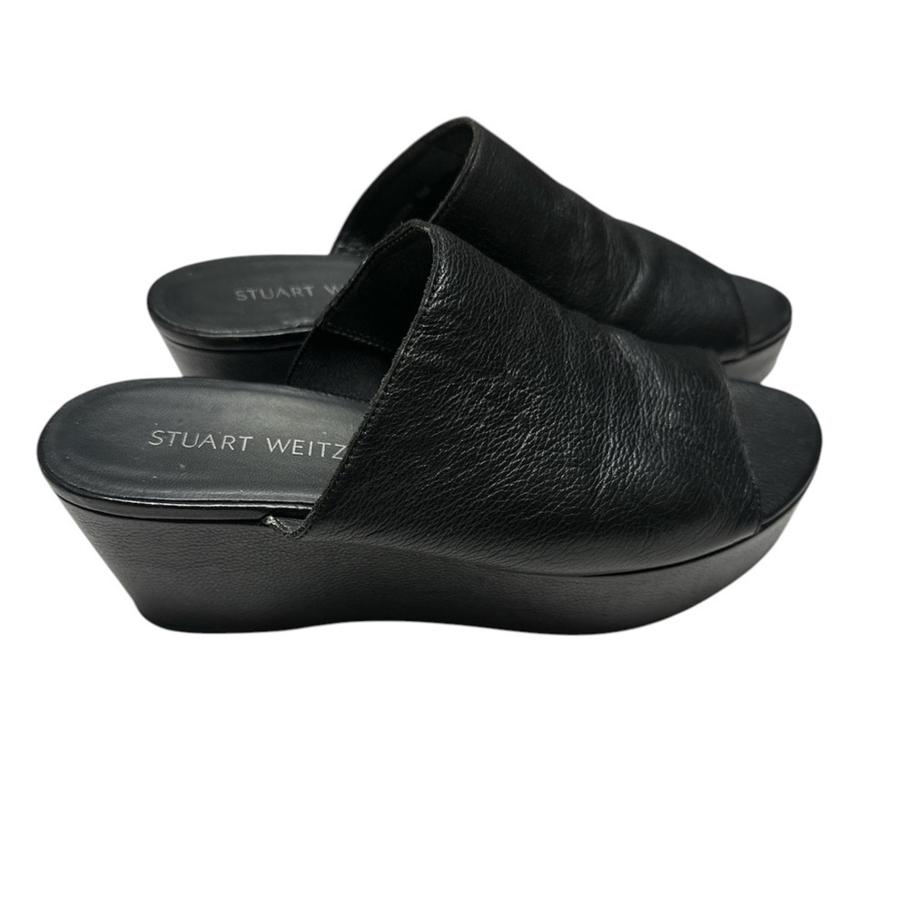 Stuart Weitzman Muletrain Wedge Sandals Leather Platform Wide Strap Black Sz 6M